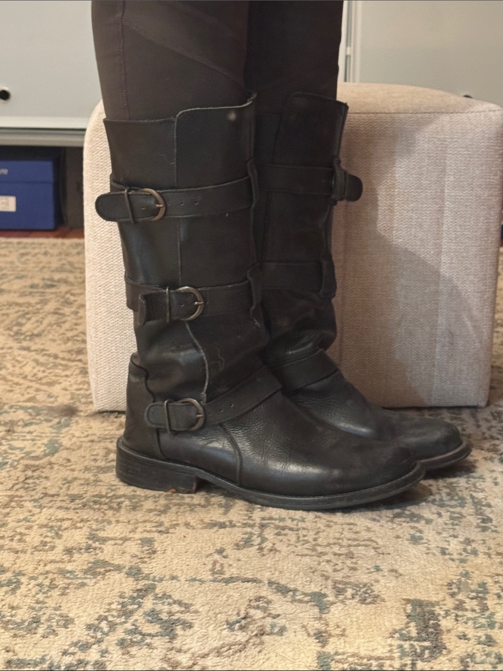 Steve Madden Black Leather Mid-Calf Buckle Moto Boots - Picture 2 of 8
